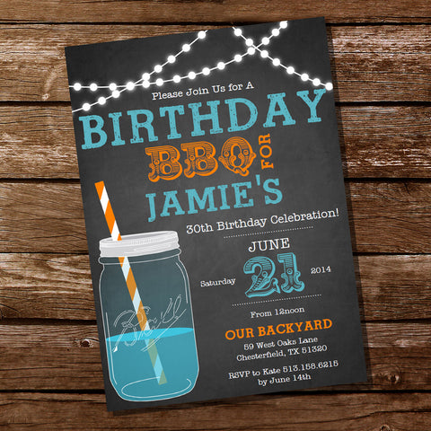 Chalkboard Blue and Orange BBQ Birthday Invitation