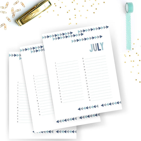 Printable Monthly Calendar | Blue Tribal Arrow Calendar Planner | Perpetual Calendar