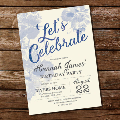 Blue Watercolor Birthday Party Invitation