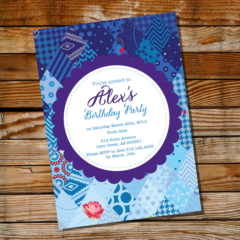 Blue Shabby Chic Quilt Birthday Invitation  