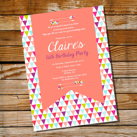 Coral Tribal Arrow Birthday Party Invitation 