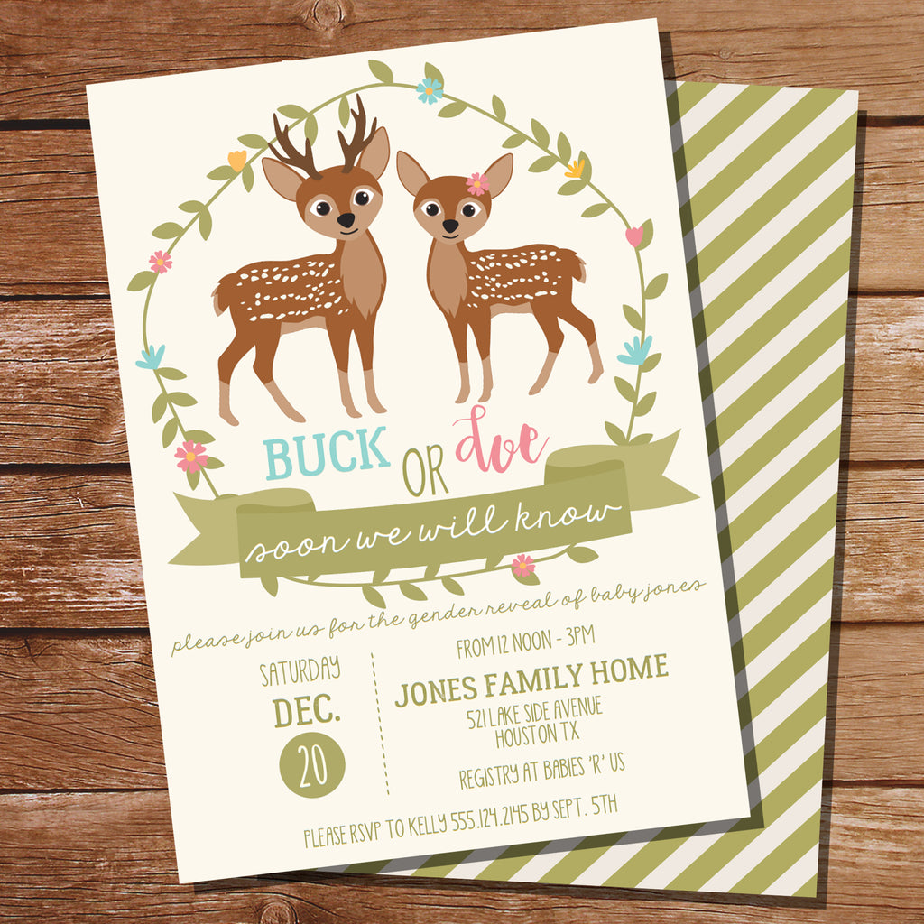 Buck or Doe Gender Reveal Party Invitation Woodland