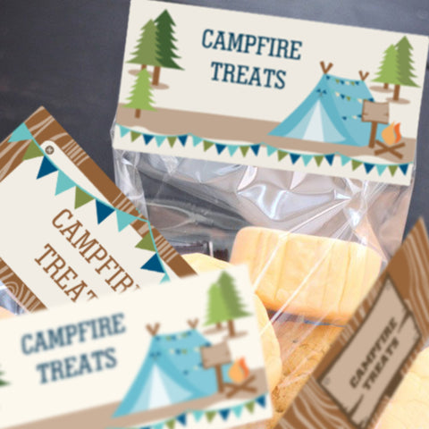 Boys Camping tent party treat bag toppers for campfire treats