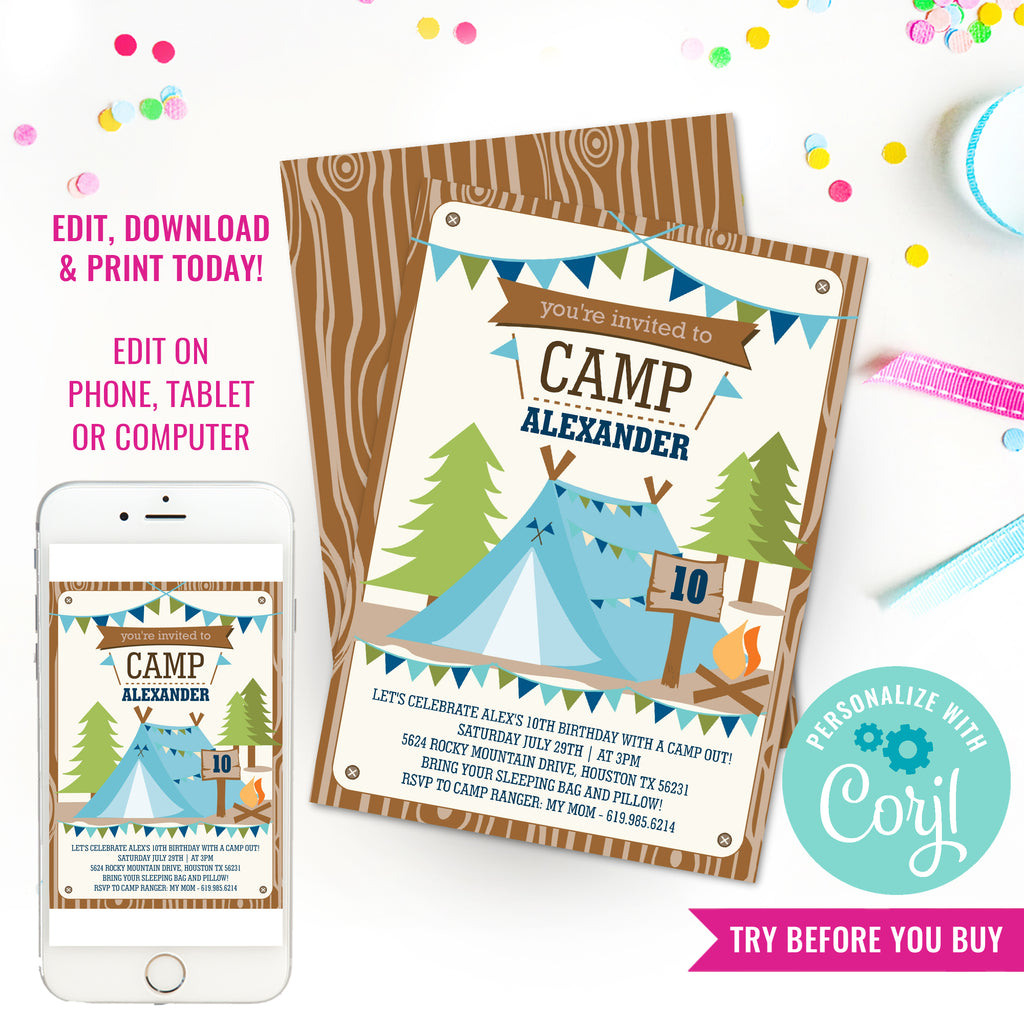 Backyard Camping Party Invitation for a Boy - Summer Campout Invite