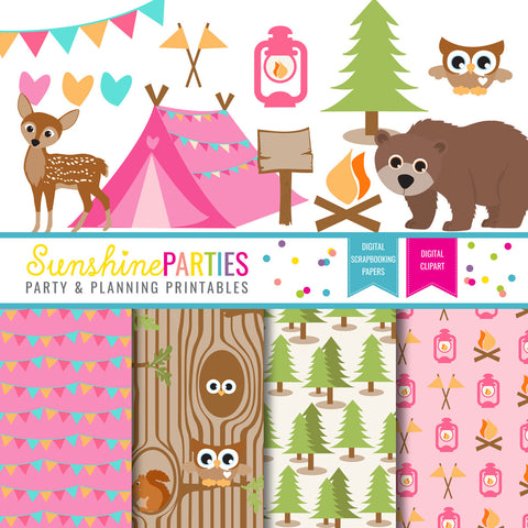 Girls Camping Party Clipart and Digital Paper Set | Camp Out Glamping Printables