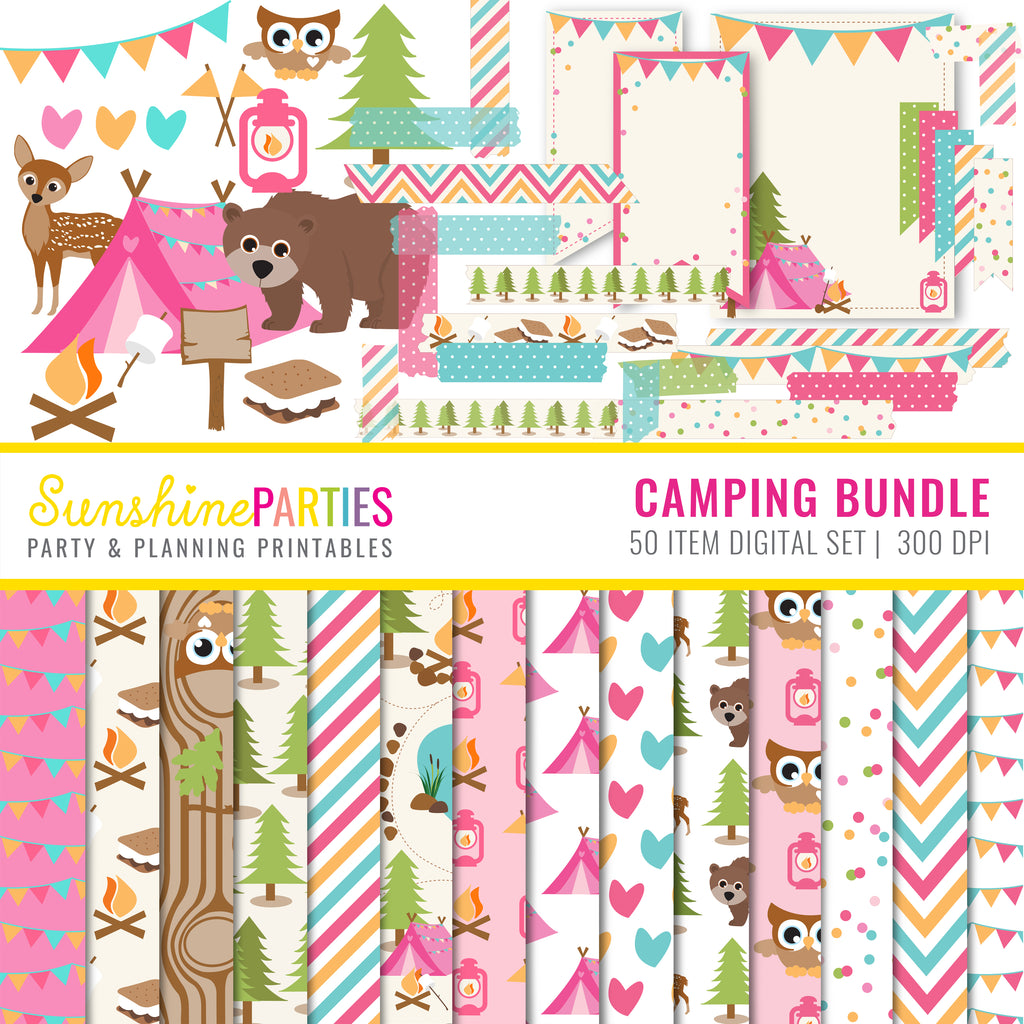 Girl's Camping Clip Art and Digital Papers set