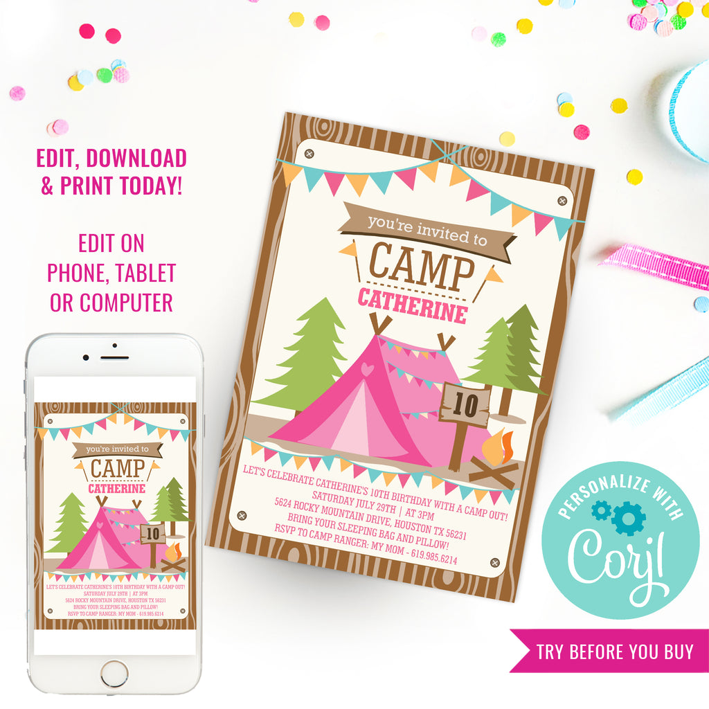 Backyard Camping Party Invitation for a Girl