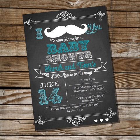 Chalkboard Mustache Baby Shower Invitation
