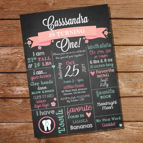 Chalkboard First Birthday Party Invitation For A Girl