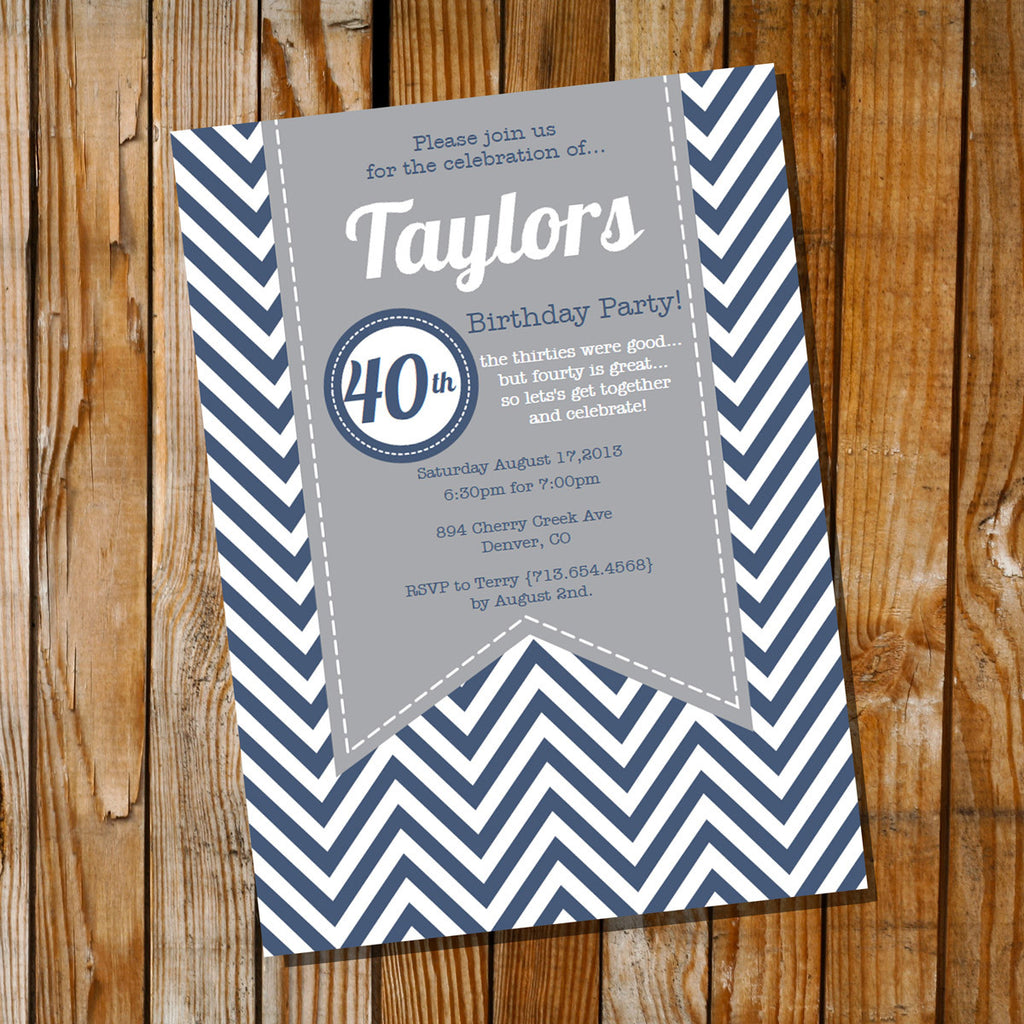 Gray and Navy Blue Chevron Birthday Invitation – Sunshine Parties