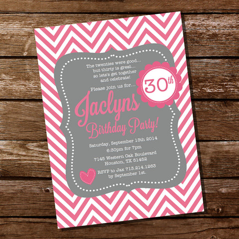 Chevron Pink and Gray Birthday Invitation