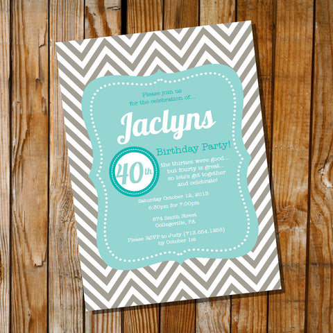 Teal and Taupe Chevron Birthday Invitation
