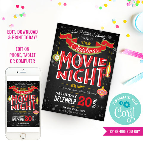 Christmas Movie Night Party Invitation