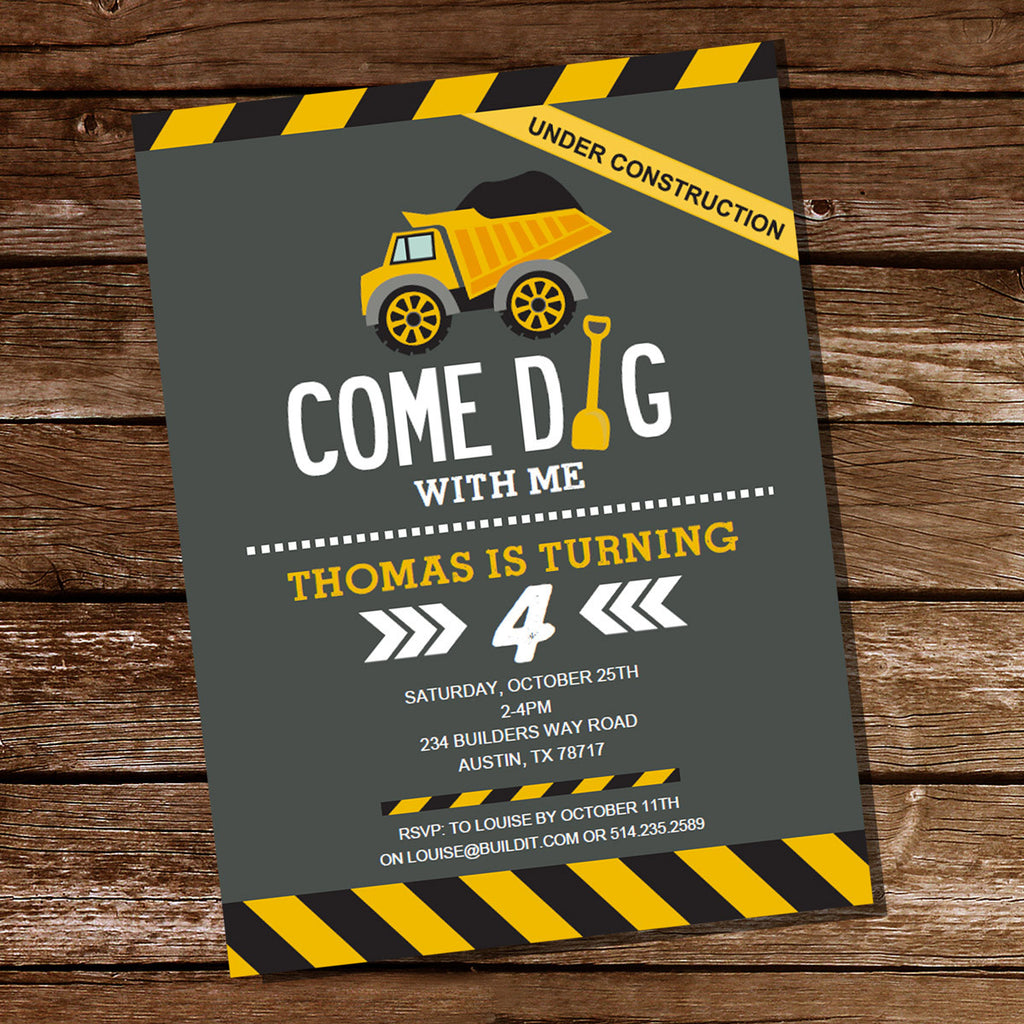 Come Dig With Me Construction Party Invitation