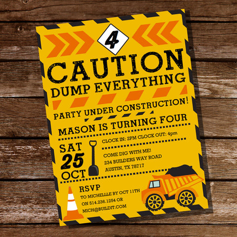 Caution Dump Everything Construction Party Invitation