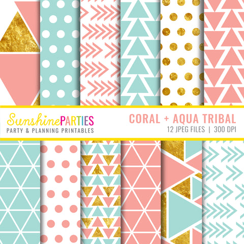 Coral & Aqua Aztec Digital Paper Set | Digital Paper Bundle