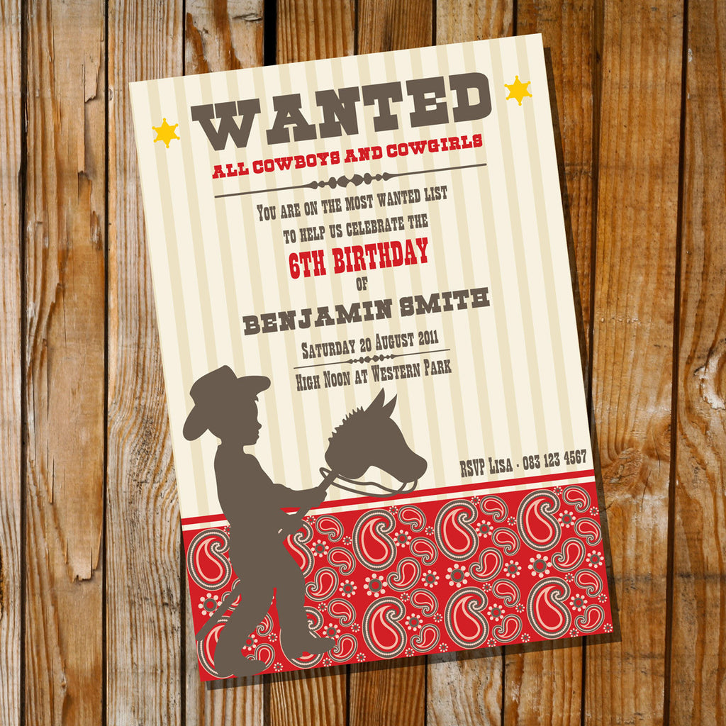 Cowboy Birthday Party Invitation - Wanted! All Cowboys! Invite