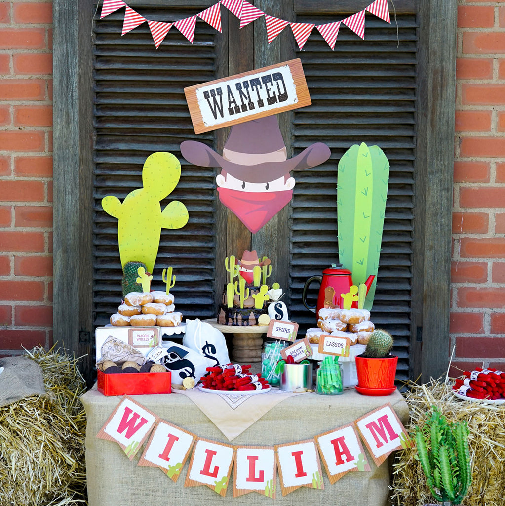 Cowboy Party Backdrop Face, Cactus & 'Wanted' Sign
