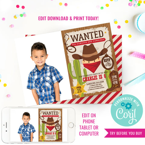 Cowboy Birthday Party Photo Invitation