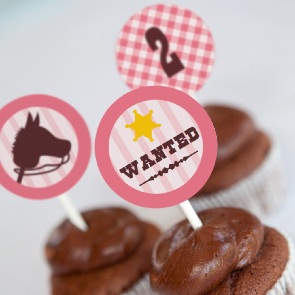 Cowgirl Birthday Party Cupcake Toppers | Pink Gingham Toppers