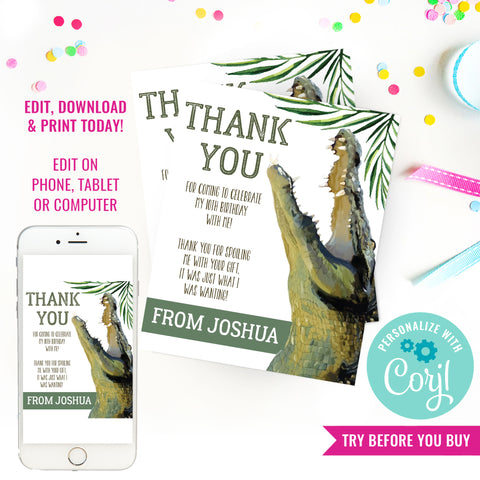 Crocodile Party Thank You Cards | Alligator Party Thank you Note