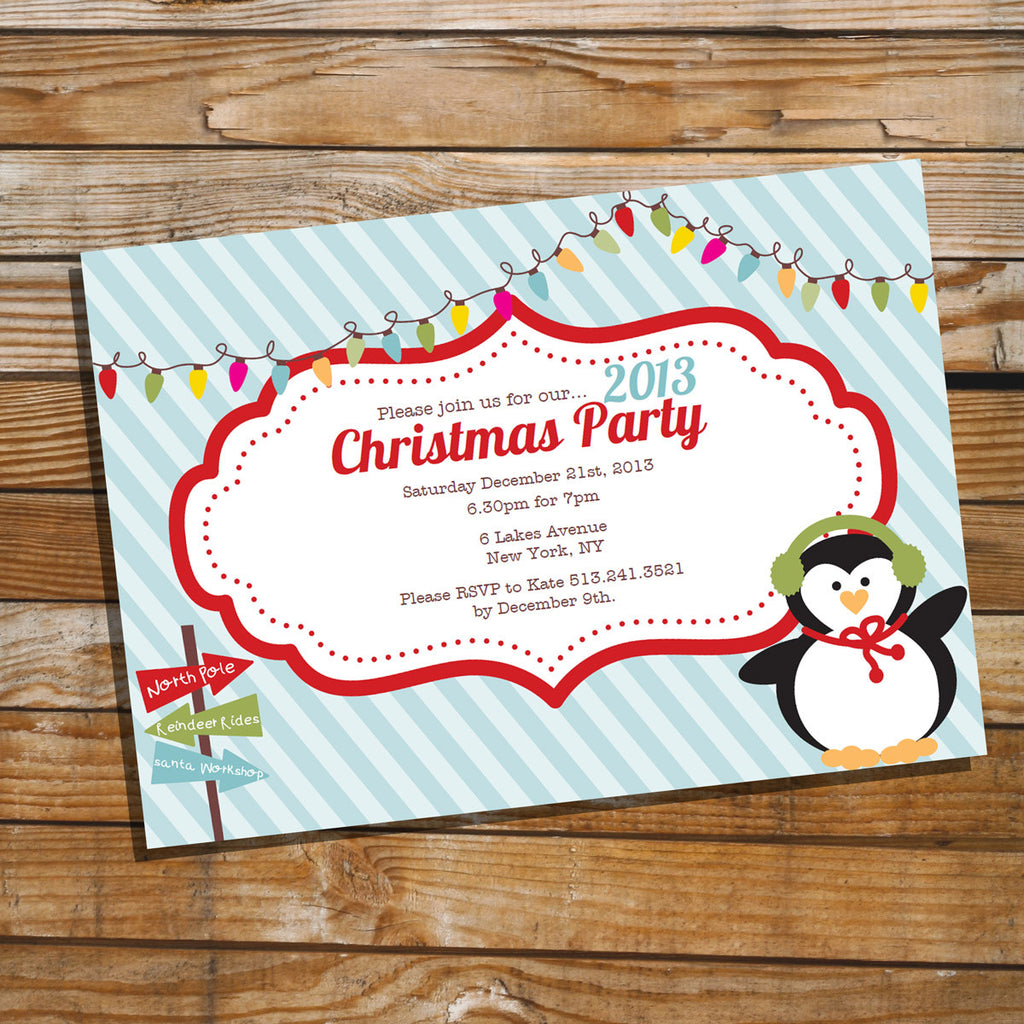 Cute Christmas Party Invitation with Penguin and Colorful Lights