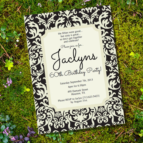 Black and Ivory Damask Birthday Invitation