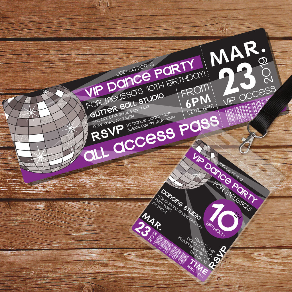 Dance Party Invitation Purple Ticket