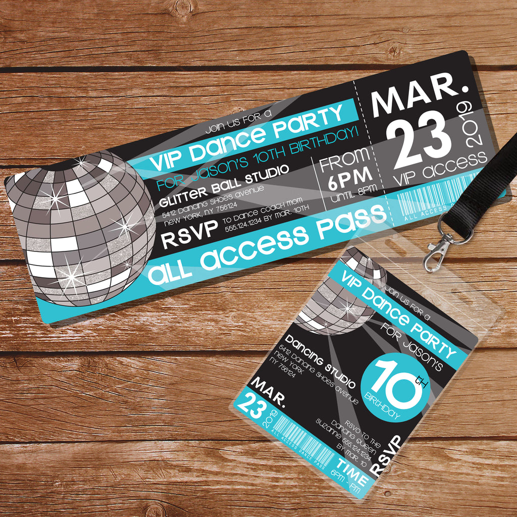 Dance Party Invitation Blue | Tag and Ticket Mirror Ball Dance Party