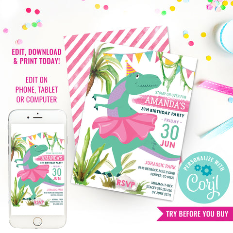 Pink Girl Dinosaur Birthday Invitation