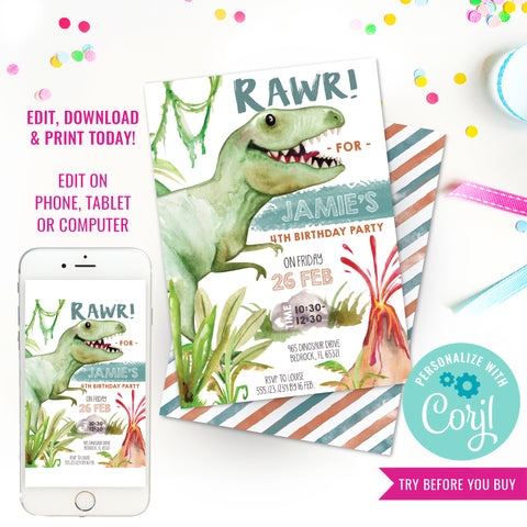 Boy Dinosaur Watercolor Birthday Invitation