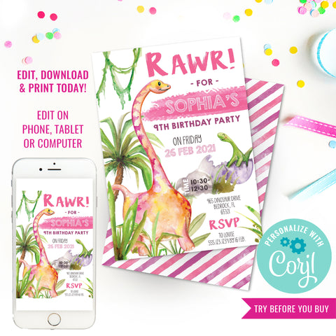 Girl Dinosaur Watercolor Birthday Invitation