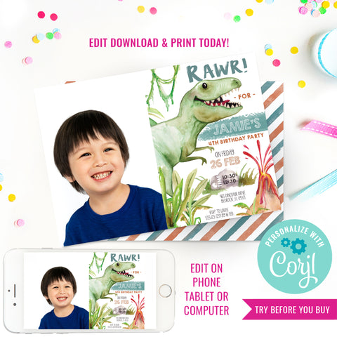 Dinosaur Birthday Party Photo Invitation