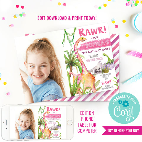 Girl Dinosaur Watercolor Birthday Photo Invitation