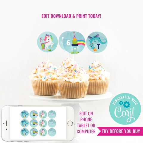 Dragon and Unicorn Party Cupcake Toppers