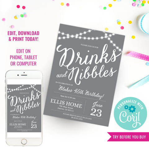 Gray Drinks & Nibbles Birthday Party Invitation