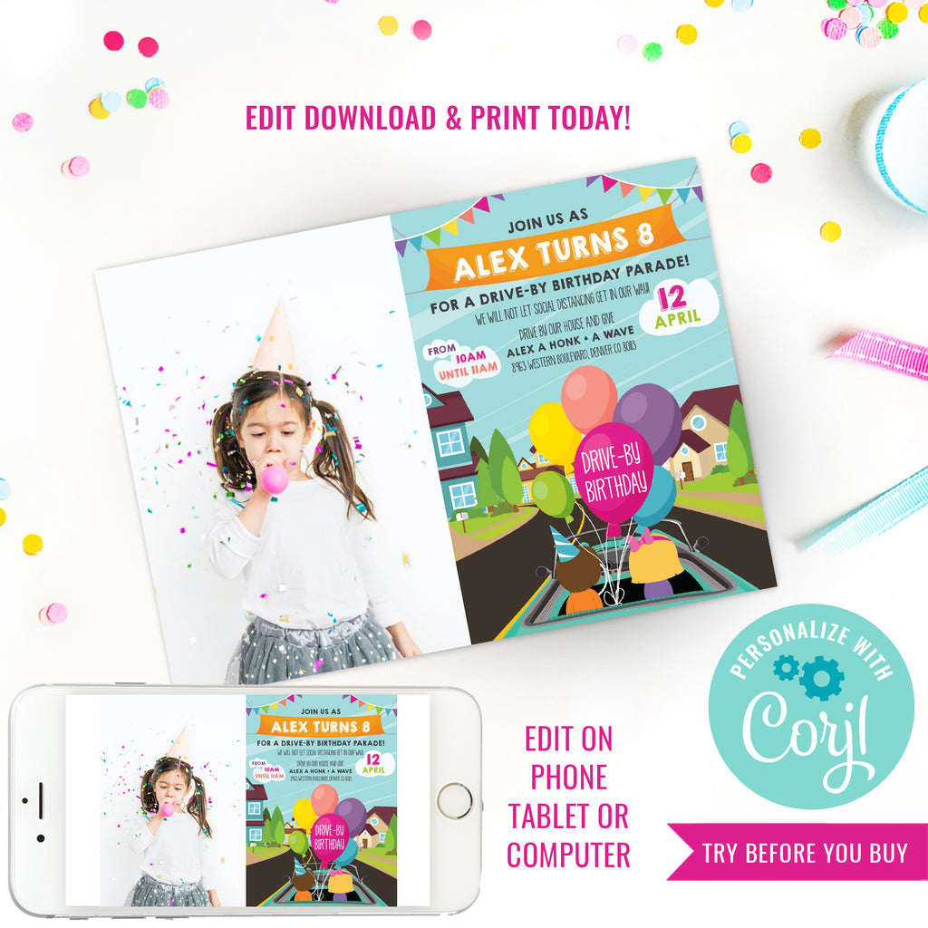 Drive By Birthday Parade Picture Invitation | Girls Quarantine Birthday | Social Distancing Birthday