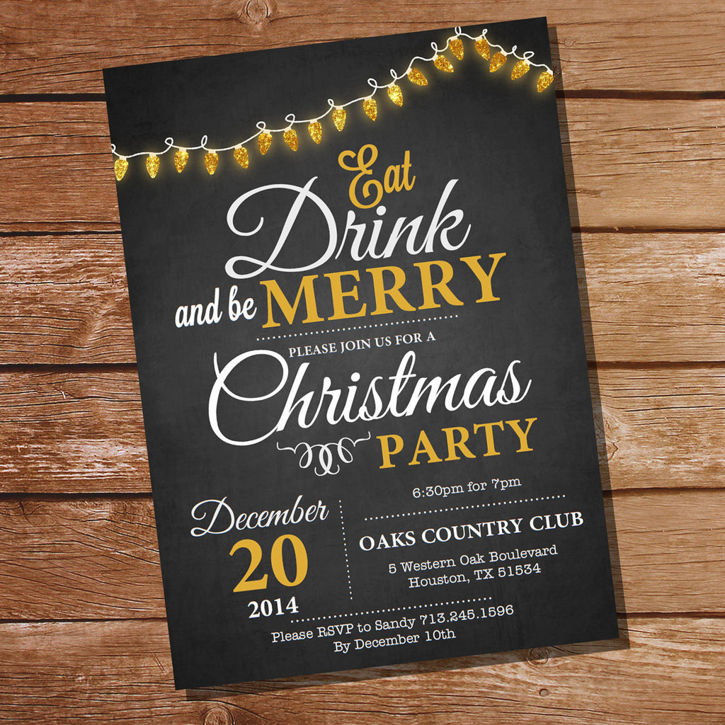 Chalkboard Eat Drink And Be Merry Gold Christmas Invitation