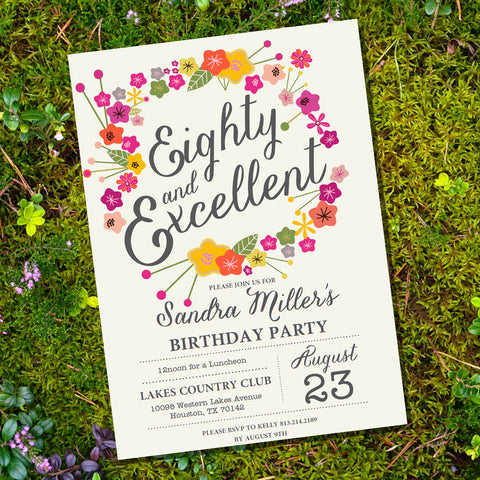 Floral Eightieth Birthday Invitation | 80th birthday invitation | FREE RSVP Card