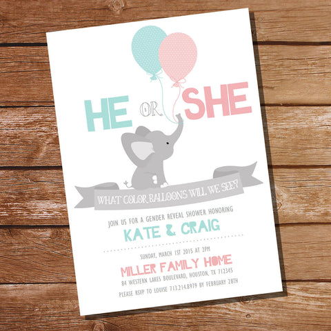 He Or She Elephant Gender Reveal Party Invitation