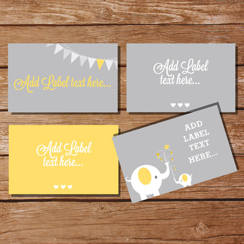 Gray and Yellow Elephant Party Tent Cards/ Food Labels/ Buffet Cards/ Food Tags/ Labels