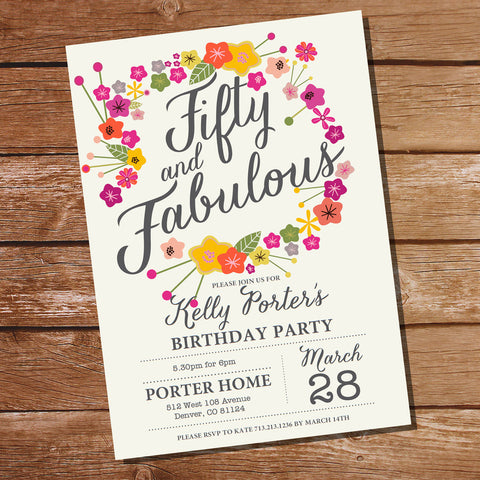 Floral Fifty and Fabulous Birthday Invitation