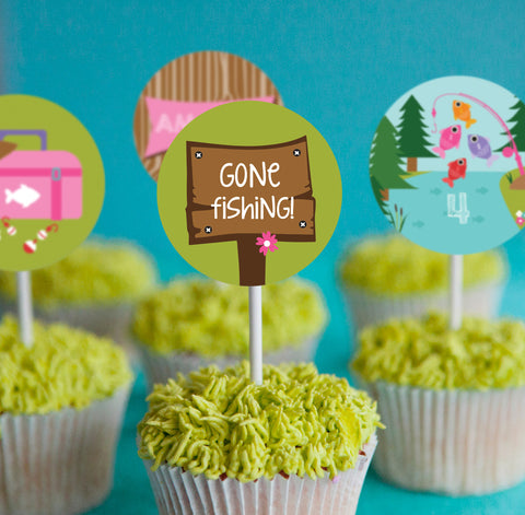Girl's Gone Fishing Party Cupcake Toppers