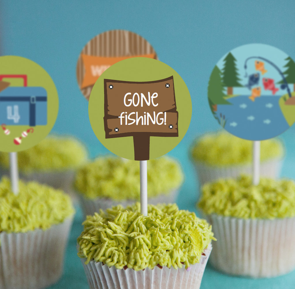 fishing party cupcake cake toppers - gone fishing cupcake decorations