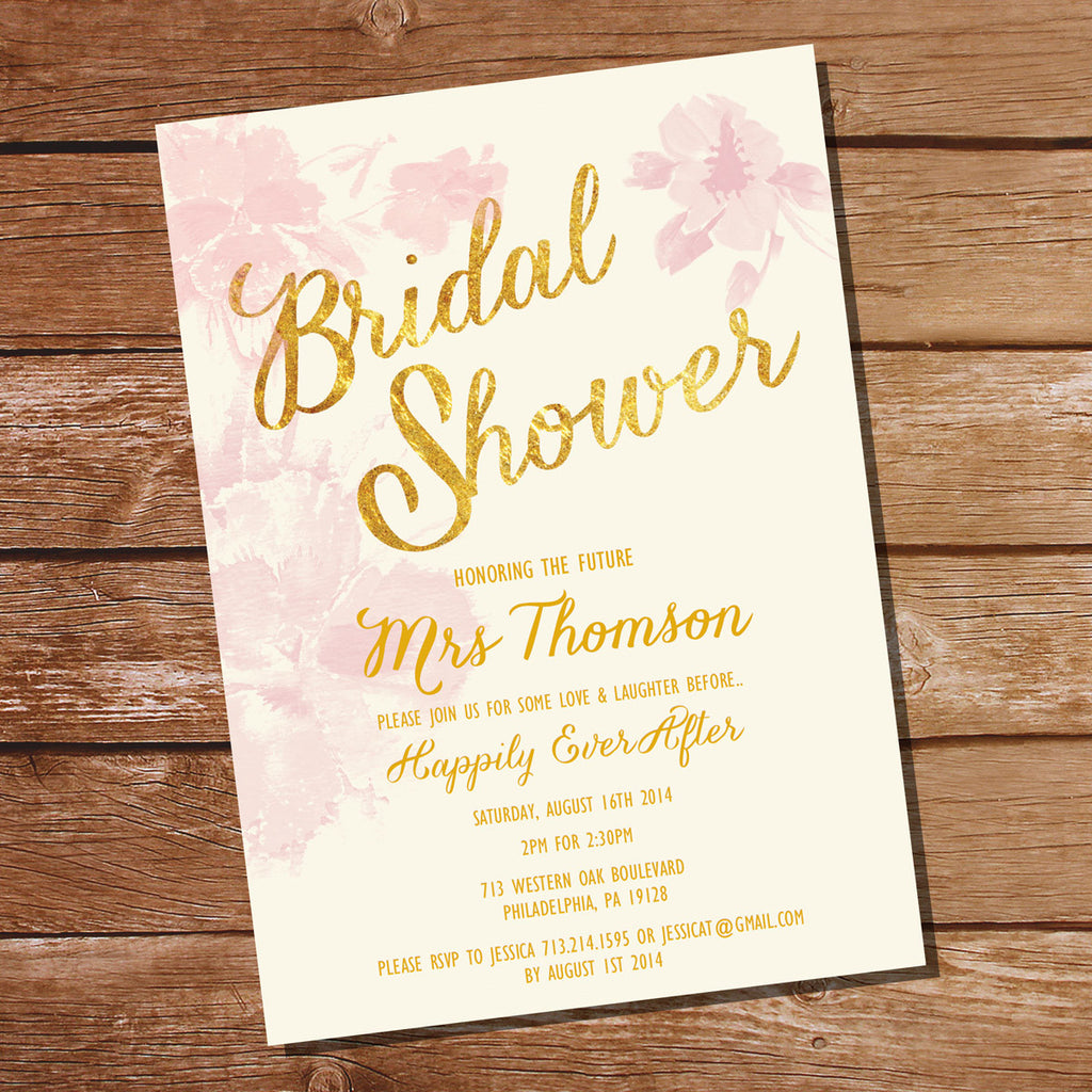 Pink Watercolor Floral Bridal Shower Invitation | Pink and Gold Shower Invite Template