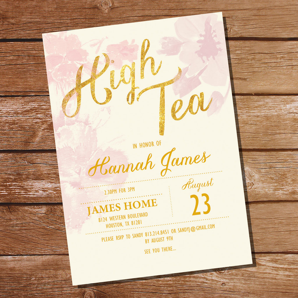 Pink Watercolor Floral High Tea Birthday Party Invitation | Pink and Gold Birthday Party Invite