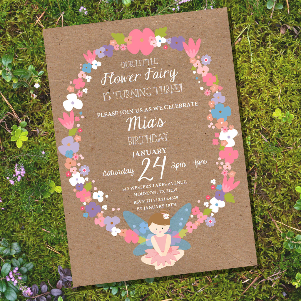 Flower Fairy Party Invitation | Woodland Fairy Kraft Invitation