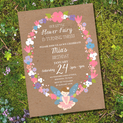 Flower Fairy Party Invitation | Woodland Fairy Kraft Invitation