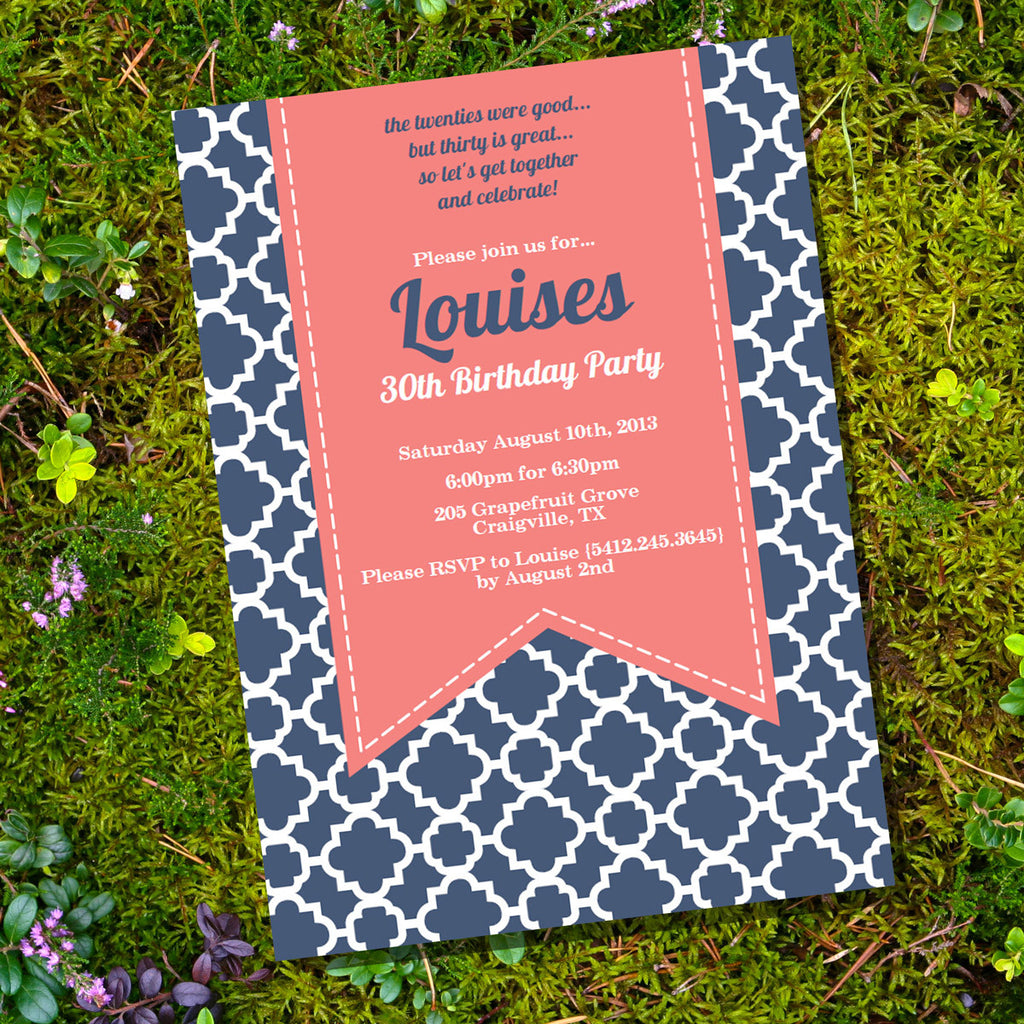 Coral and Navy Blue Birthday Invitation