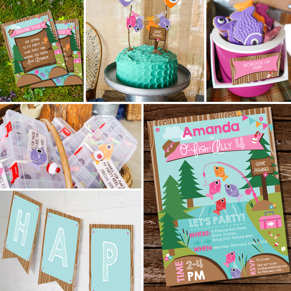 Girl's Fishing Party Decorations and Invitation